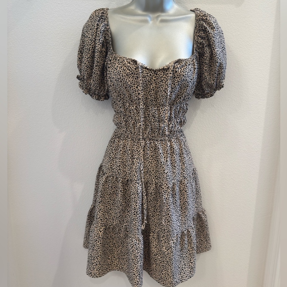 Women’s Beige Black Dot Puff-Sleeve Dress